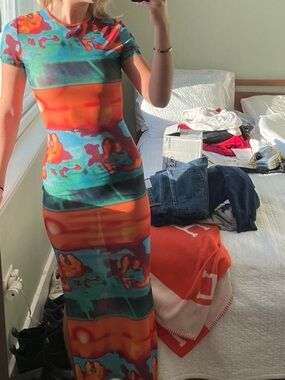 Miaou Multicolor Orange & Turquoise Abstract Print Maxi Dress